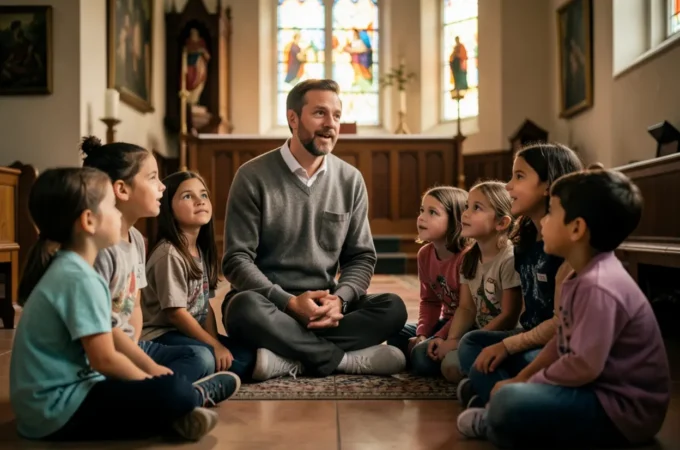 Líder cristão ensinando crianças sobre o Reino de Deus em igreja.