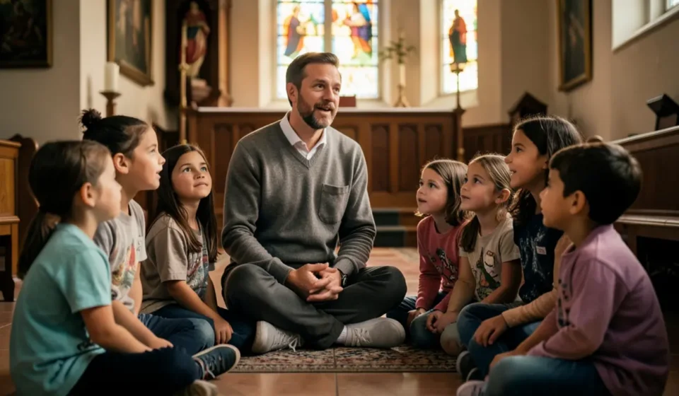 Líder cristão ensinando crianças sobre o Reino de Deus em igreja.