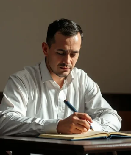 A Responsabilidade de Liderar: O Chamado Bíblico para o Homem Cristão Homem cristão orando com seriedade, representando liderança bíblica.