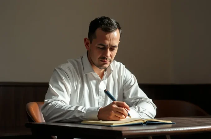 Homem cristão orando com seriedade, representando liderança bíblica.