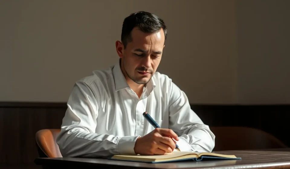 A Responsabilidade de Liderar: O Chamado Bíblico para o Homem Cristão Homem cristão orando com seriedade, representando liderança bíblica.