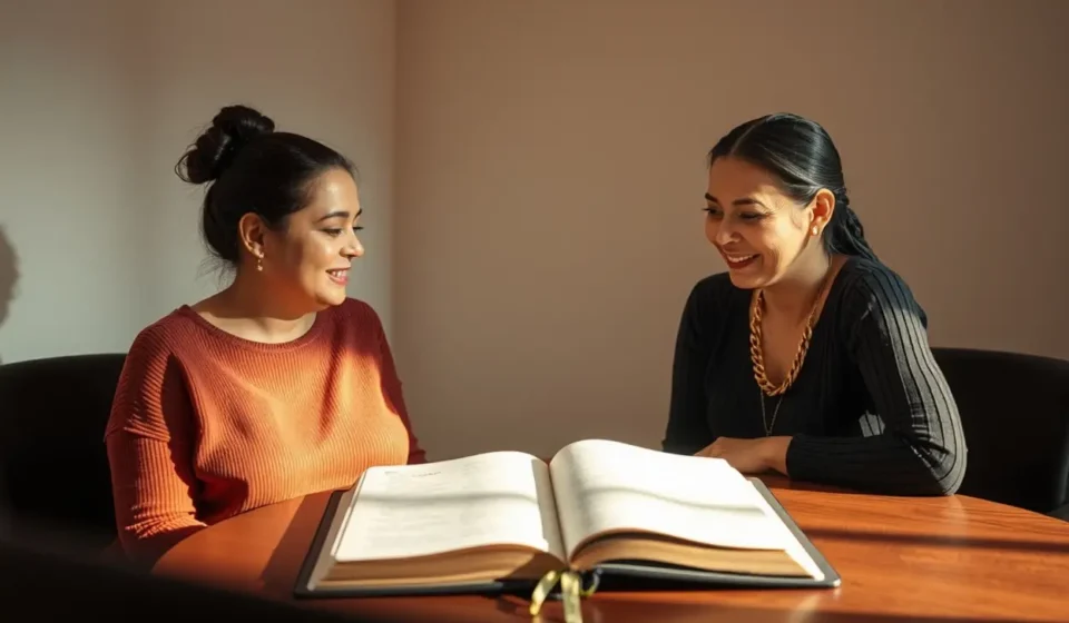 Mulheres cristãs realizando discipulado bíblico em ambiente acolhedor.