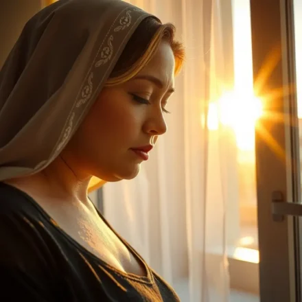 Mulher cristã orando com reverência e paz.