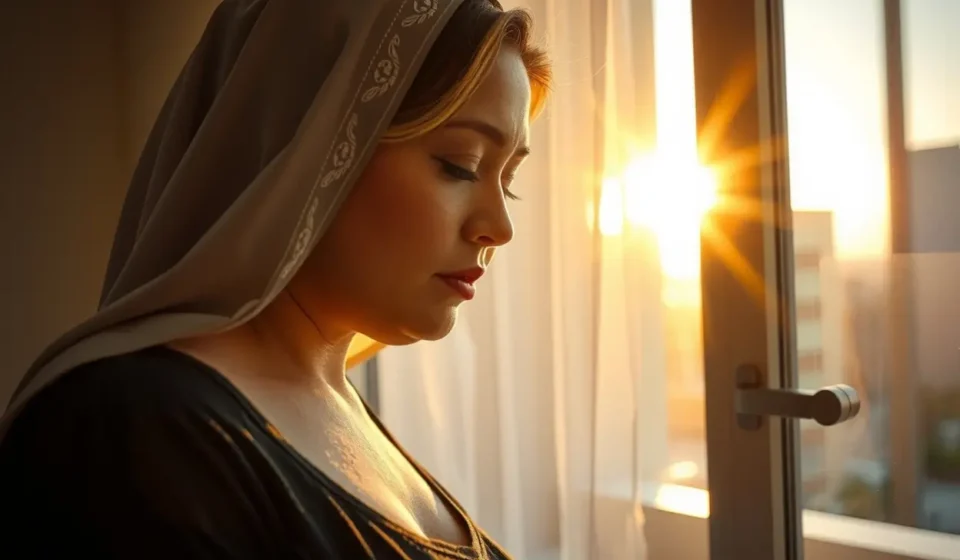 Mulher cristã orando com reverência e paz.