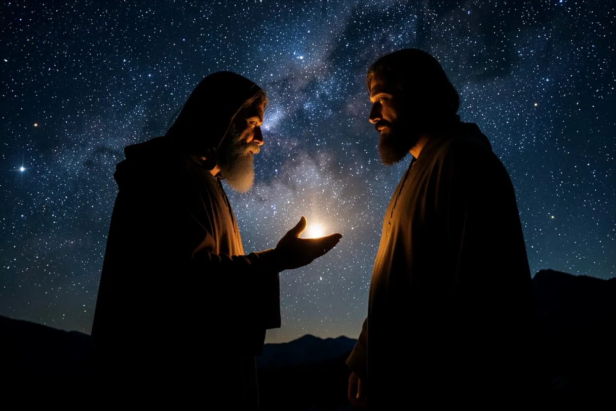 Nicodemos e Jesus Jesus ensinando Nicodemos sobre a regeneração espiritual