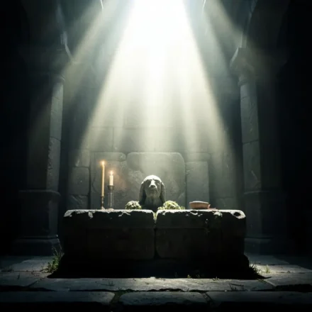 Altar de pedras antigo com luz divina representando sacrifício cristão.