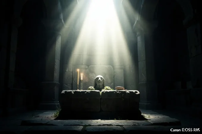 Altar de pedras antigo com luz divina representando sacrifício cristão.