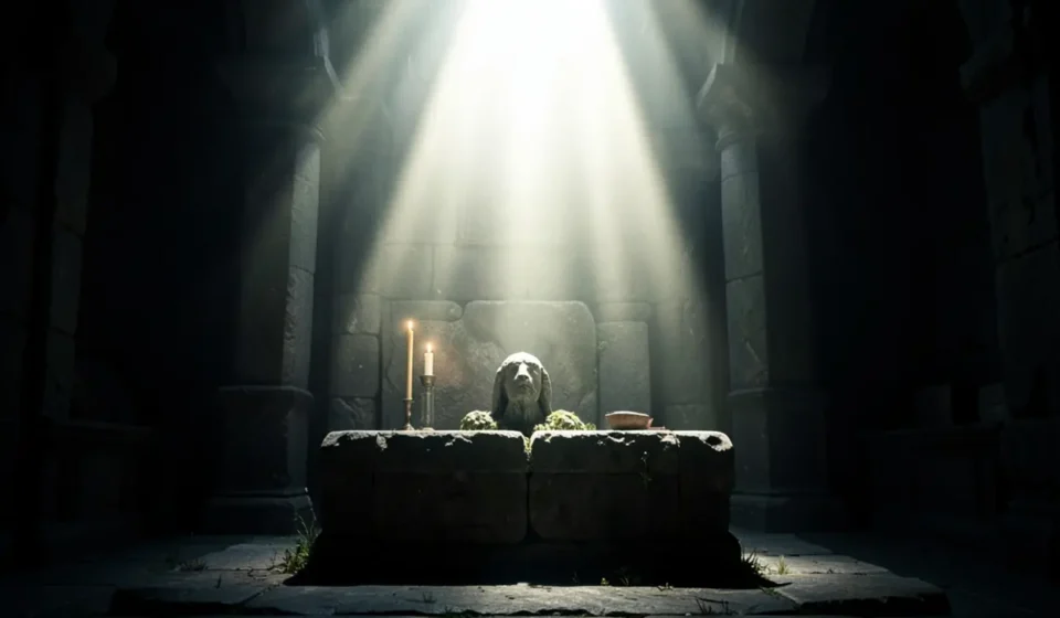 Altar de pedras antigo com luz divina representando sacrifício cristão.