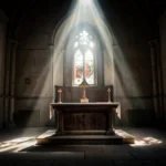Altar de igreja com iluminação dramática representando a humildade ministerial