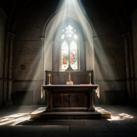 Altar de igreja com iluminação dramática representando a humildade ministerial