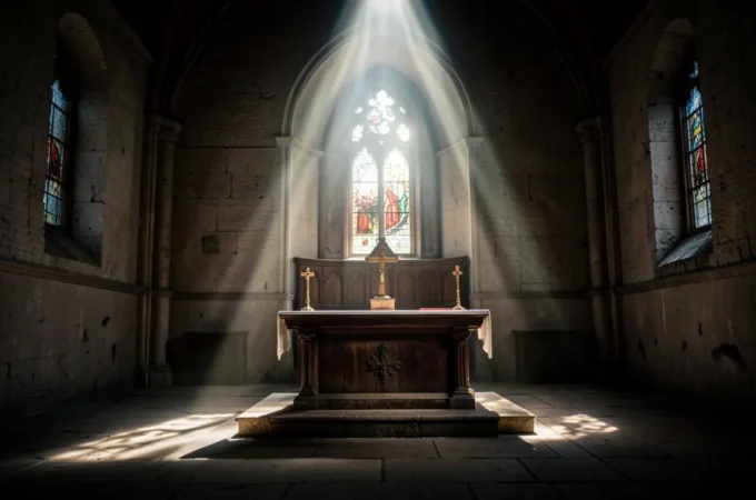 Altar de igreja com iluminação dramática representando a humildade ministerial