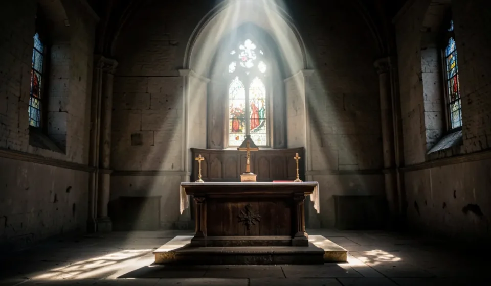 Altar de igreja com iluminação dramática representando a humildade ministerial