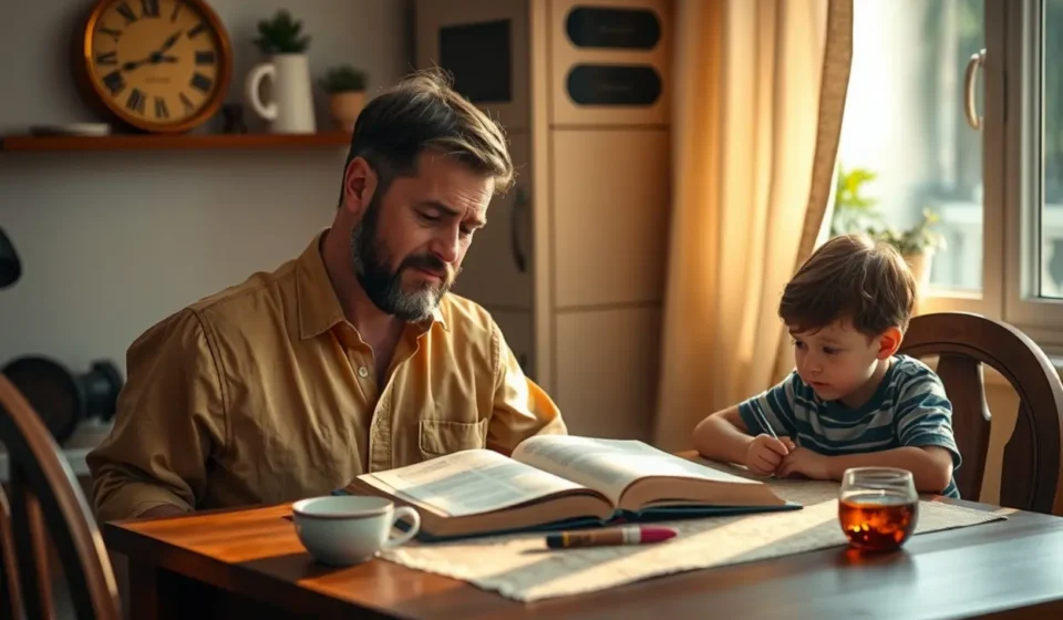 Pai cristão instruindo seu filho com base na Bíblia