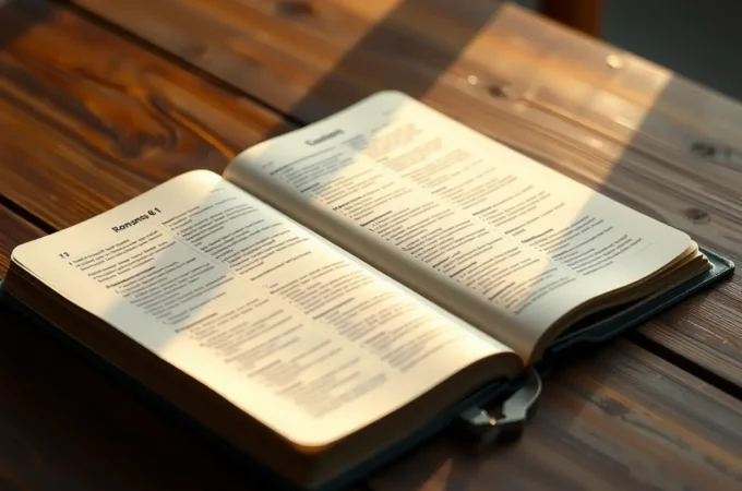 Bíblia aberta destacando Romanos 8:1 para pregação.