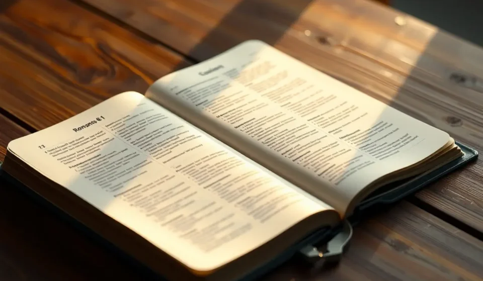 Bíblia aberta destacando Romanos 8:1 para pregação.