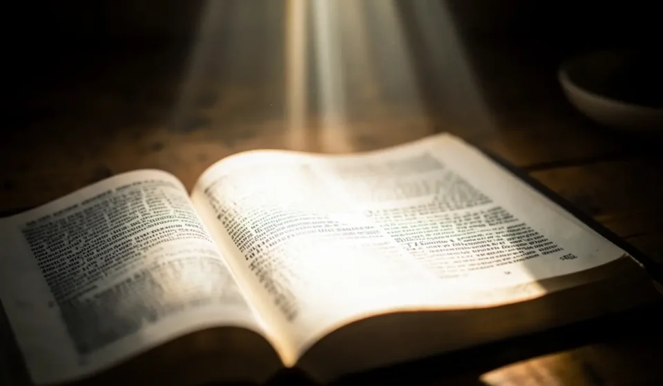 Bíblia aberta sendo iluminada, foco em pregação sobre a disciplina da leitura bíblica.
