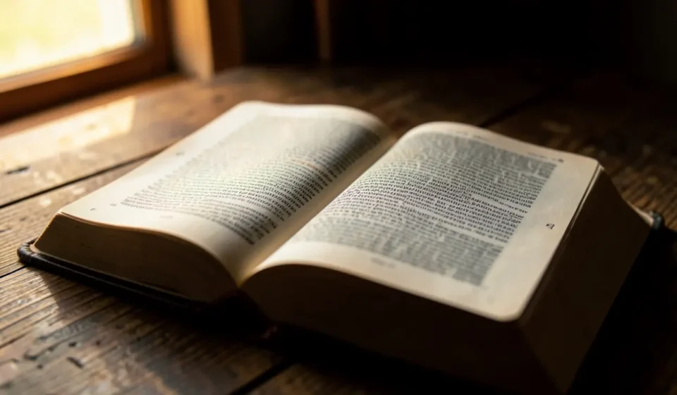 Bíblia aberta focada em João 8:32 para pregação.