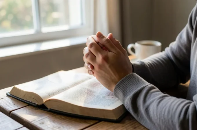 Profundidade Espiritual no Cotidiano: Hábitos que Transformam sua Fé Pessoa orando com a Bíblia aberta, buscando profundidade espiritual.