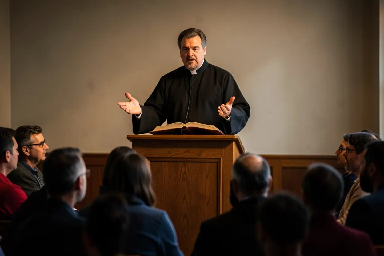 Pregador no púlpito ministrando a Palavra de Deus.