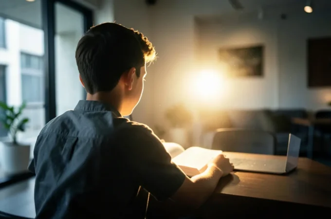 Jovem cristão estudando a Bíblia para manter a santidade.
