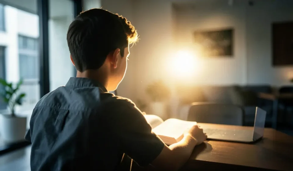 Jovem cristão estudando a Bíblia para manter a santidade.