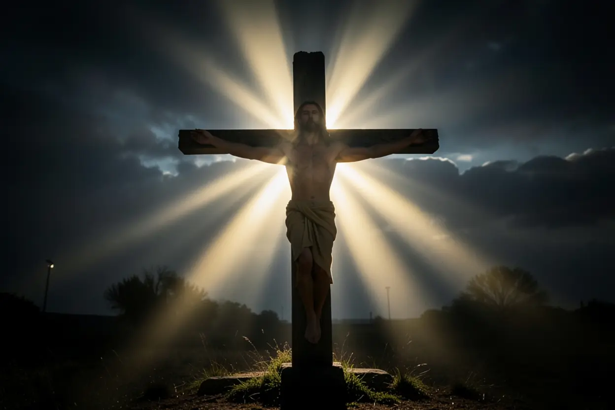 Cruz iluminada representando satisfação em Cristo