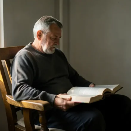 Sensibilidade Espiritual: Como Discernir a Voz de Deus no Cotidiano Homem lendo a Bíblia com luz suave representando sensibilidade espiritual.