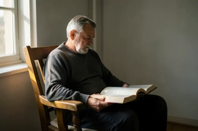 Homem lendo a Bíblia com luz suave representando sensibilidade espiritual.