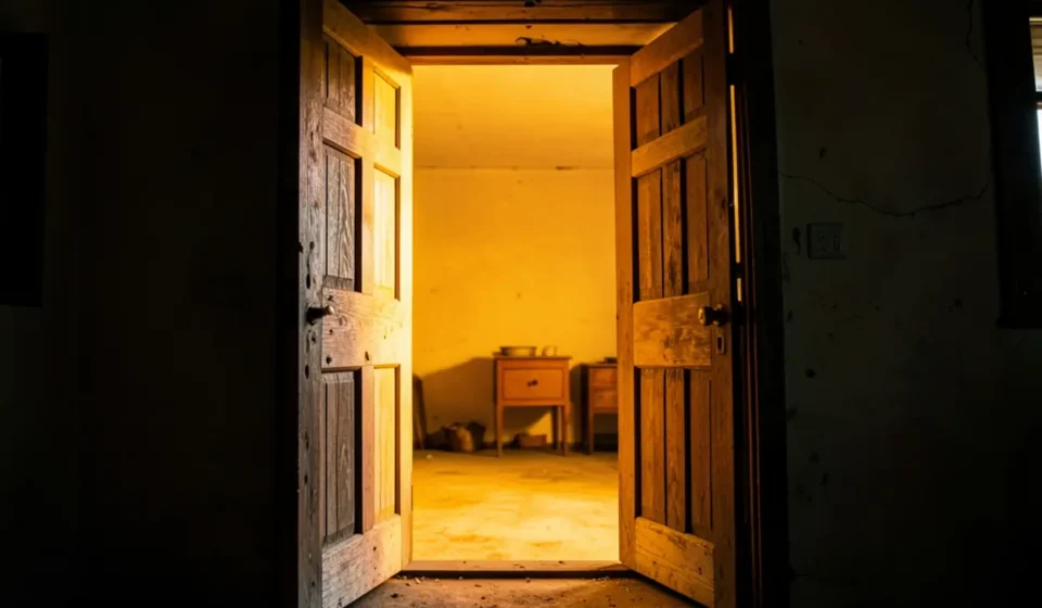 Porta de casa iluminada representando a plenitude do Espírito Santo.