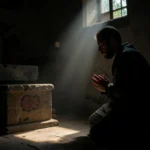 Homem cristão em oração vigilante diante de um altar.