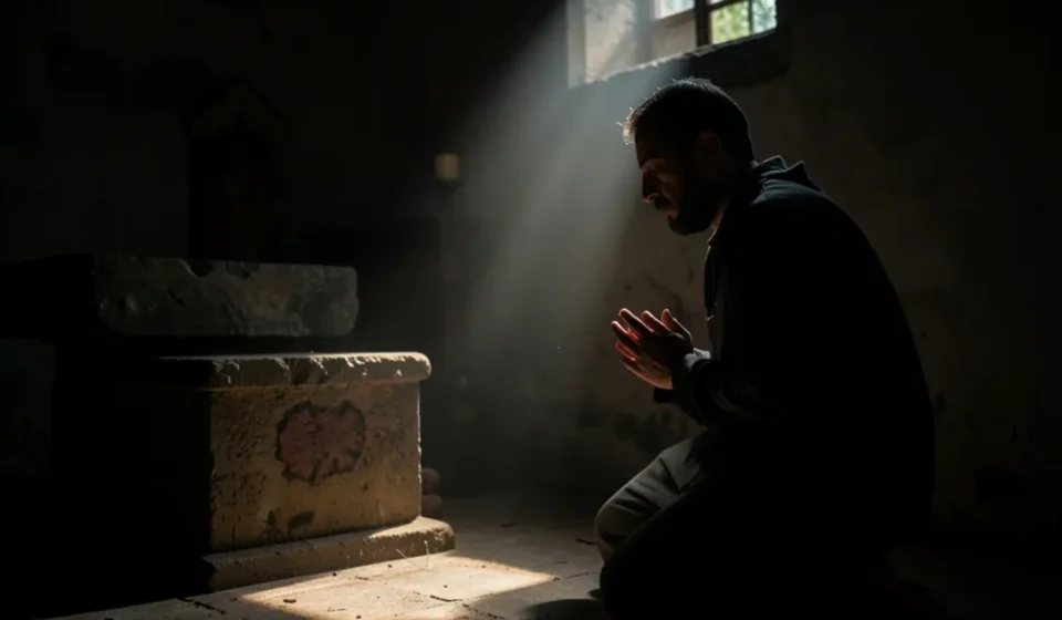 Vigilância Cristã: Por que o seu altar precisa de proteção constante Homem cristão em oração vigilante diante de um altar.