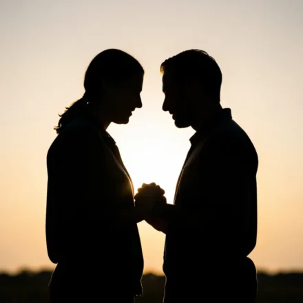 Casal cristão orando juntos simbolizando a unidade bíblica.