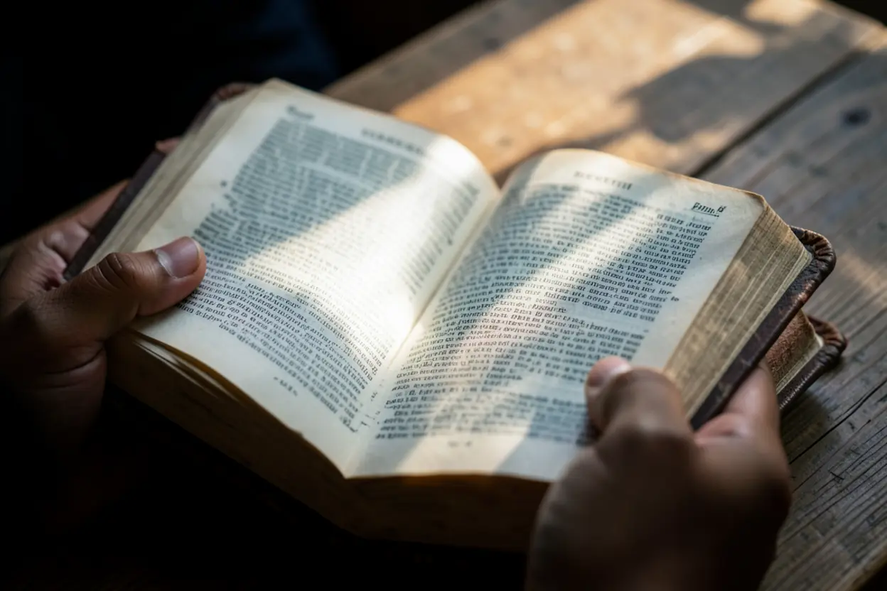 Estudo Bíblico Aprofundado Mãos segurando uma Bíblia aberta, estudando a Palavra de Deus.