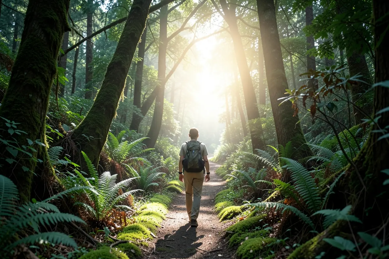 Jornada de restauração espiritual Pessoa caminhando em uma trilha representando a jornada de cura
