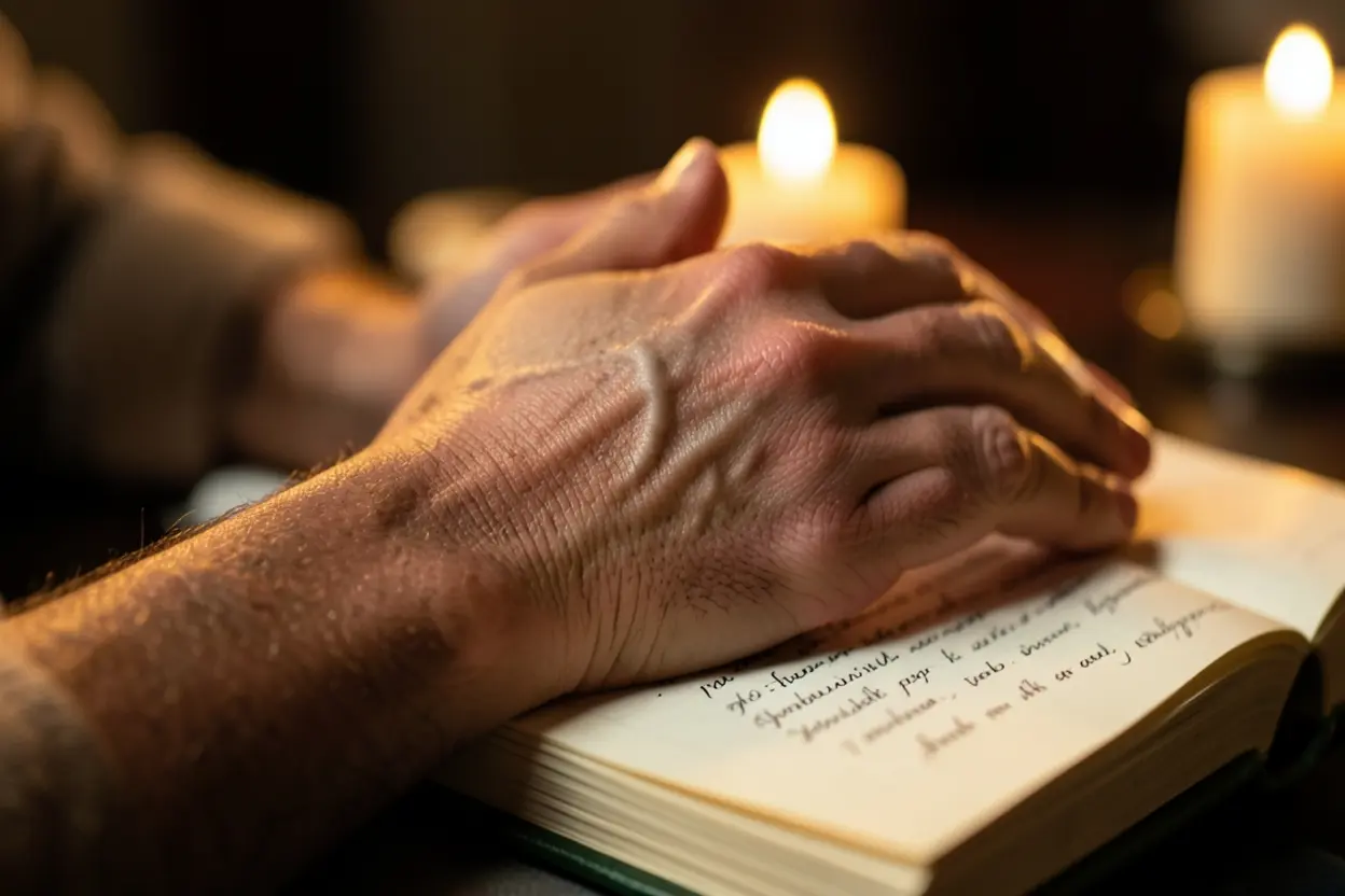 Prioridades sob o governo de Deus Mãos em oração sobre agenda representando a mordomia do tempo.