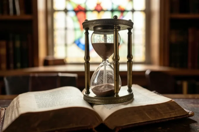 Administradores da Eternidade: Um Sermão sobre a Mordomia do Tempo Sermão sobre a mordomia do tempo com Bíblia e ampulheta.