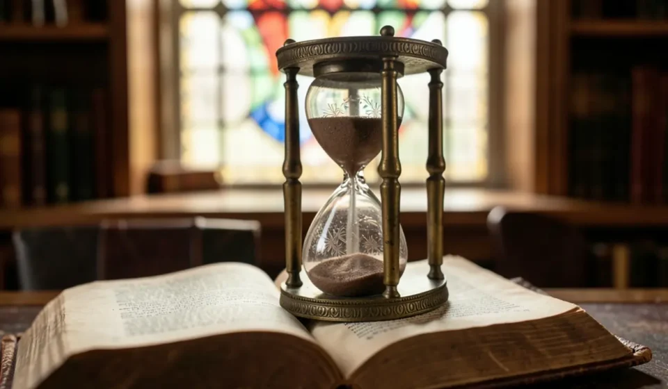 Administradores da Eternidade: Um Sermão sobre a Mordomia do Tempo Sermão sobre a mordomia do tempo com Bíblia e ampulheta.