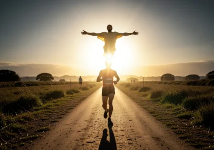 Corrida com Propósito: Um Sermão sobre a Perseverança na Fé Homem correndo em direção à luz, representando um sermão sobre a perseverança na fé.