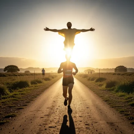 Homem correndo em direção à luz, representando um sermão sobre a perseverança na fé.