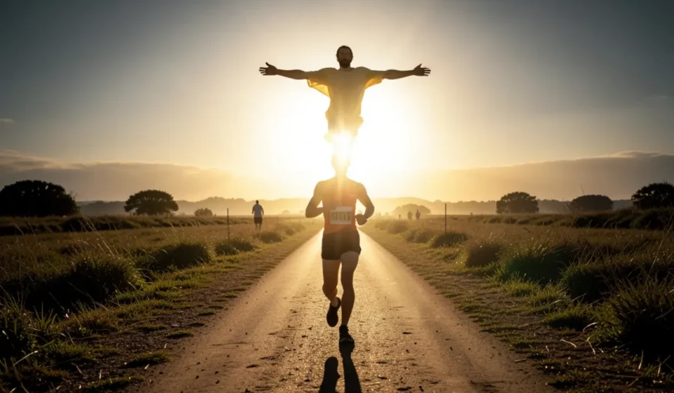 Corrida com Propósito: Um Sermão sobre a Perseverança na Fé Homem correndo em direção à luz, representando um sermão sobre a perseverança na fé.